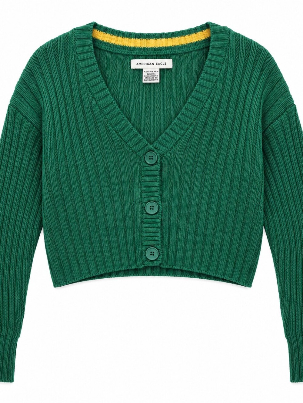 American Eagle Outfitters Women's Green Ribbed V-Neck Cropped Cardigan